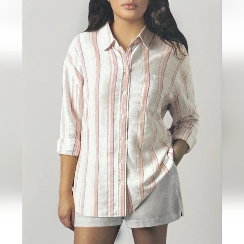 GAP Linen Button Down Long Sleeve Striped Multicolored Shirt NWOT